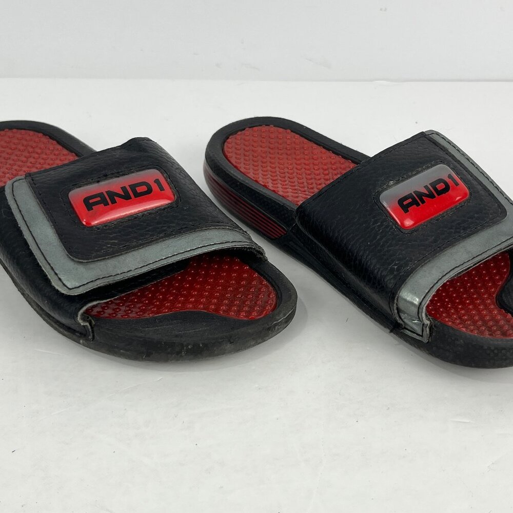 And 1 Kids Slippers Size 1-2 Black Red Open Round Toe Flat Heel Hook Loop